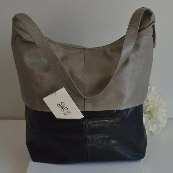 đź–¤ HOBO Joyce Style Shoulder Bag Two-Tone Leather Stone/Gray & Black - Picture 3 of 14